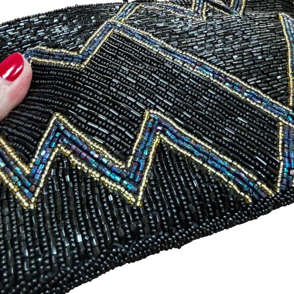Vintage 1980’s black & blue beaded evening bag flapper prom purse mod geometric - Picture 4 of 12